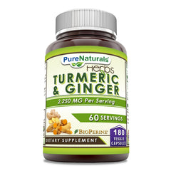 Pure Naturals turmeric bottle front shows potency and USA-made quality.