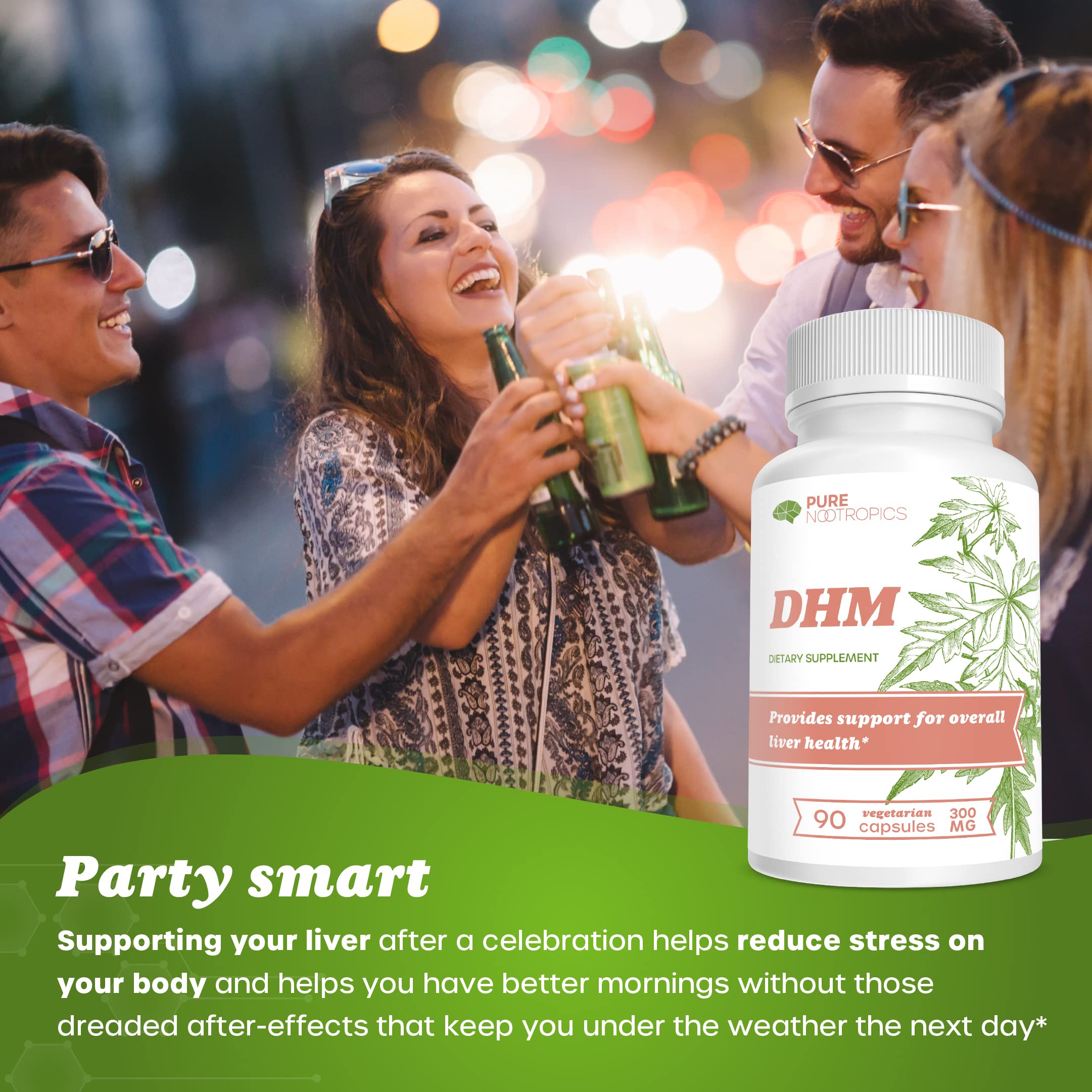 Pure Nootropics DHM bottle with glass of water for easy consumption after drinking