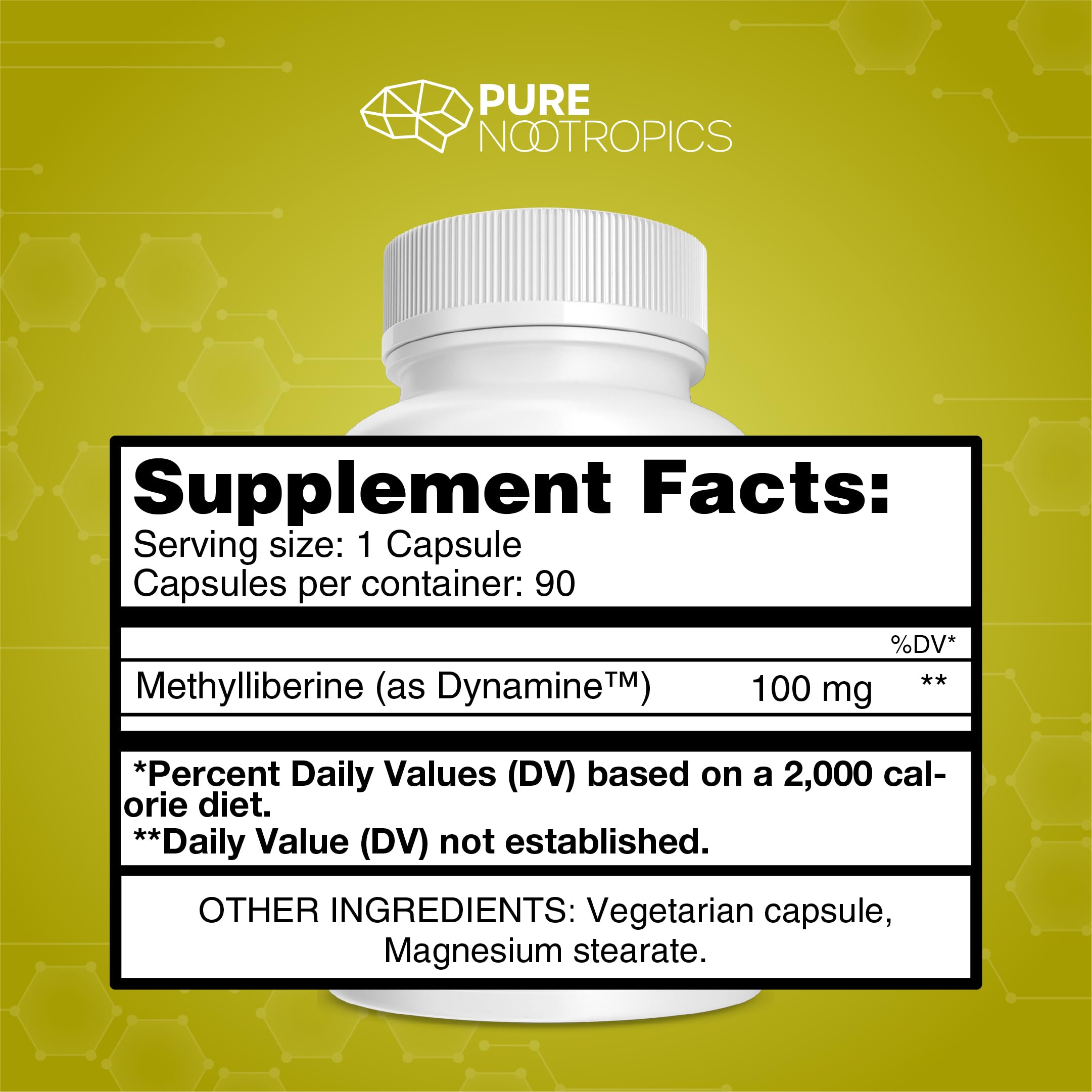 Pure Nootropics Dynamine capsules close-up highlighting fast-acting focus support