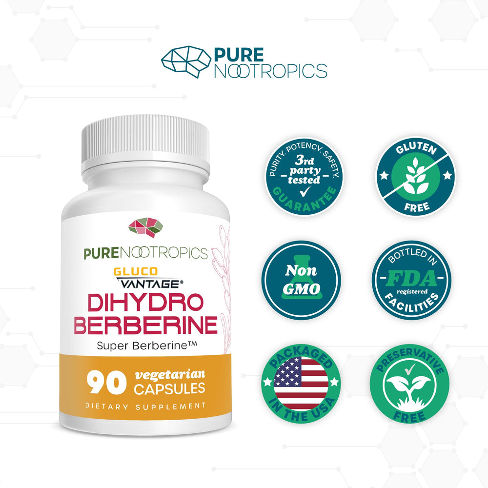 Pure Nootropics GlucoVantage capsule with a glass of water for intake.