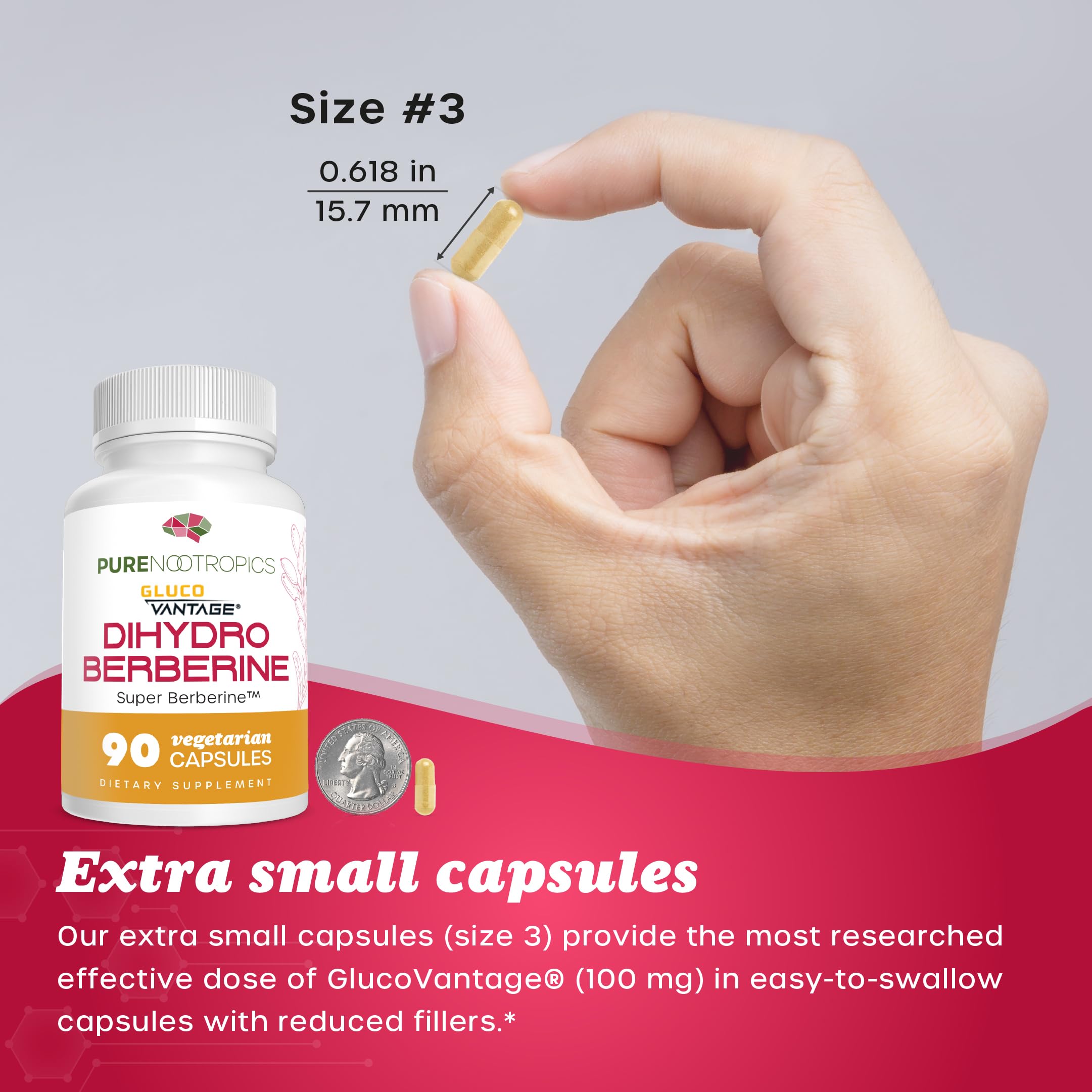 Pure Nootropics GlucoVantage size-3 capsules being swallowed easily.