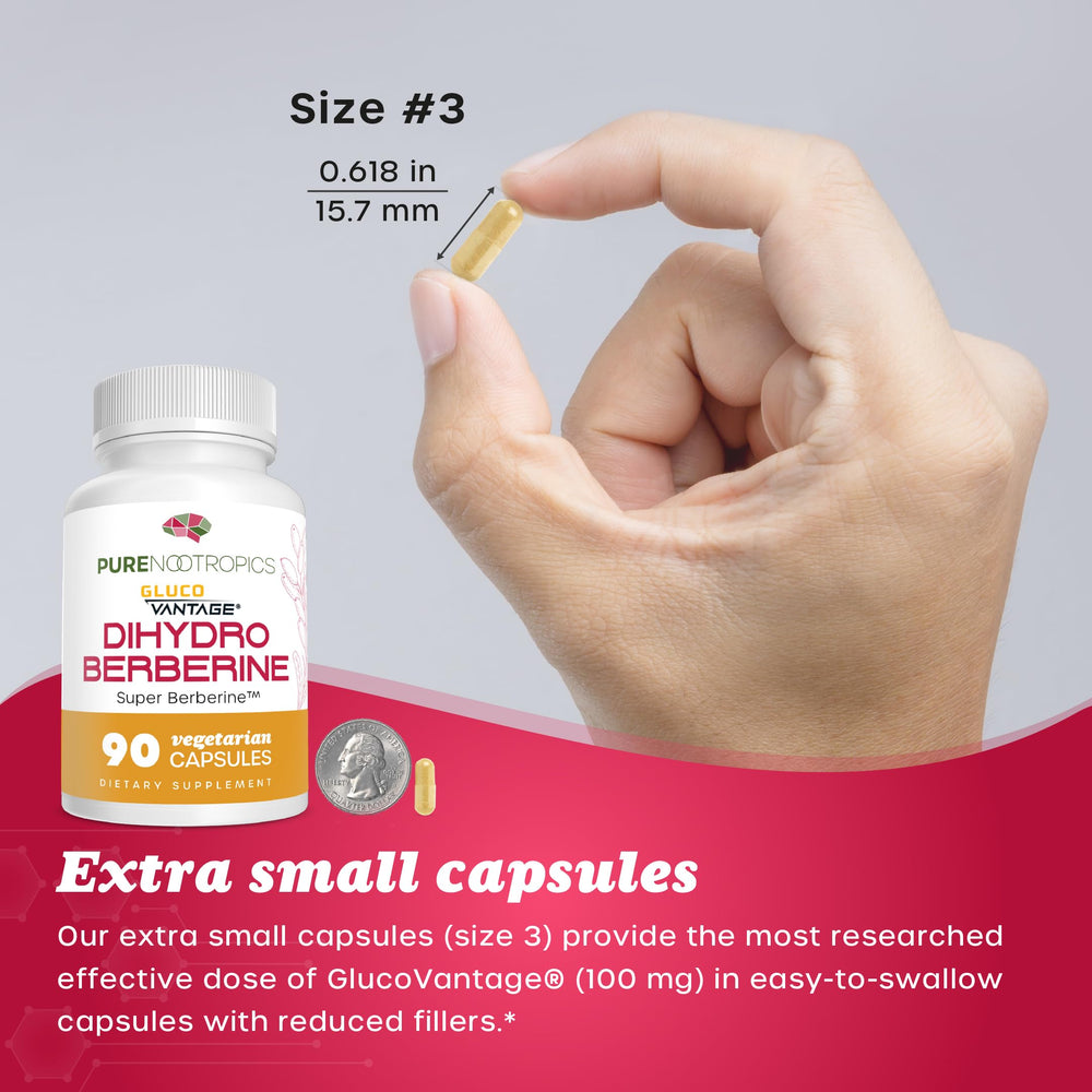 Pure Nootropics GlucoVantage size-3 capsules being swallowed easily.