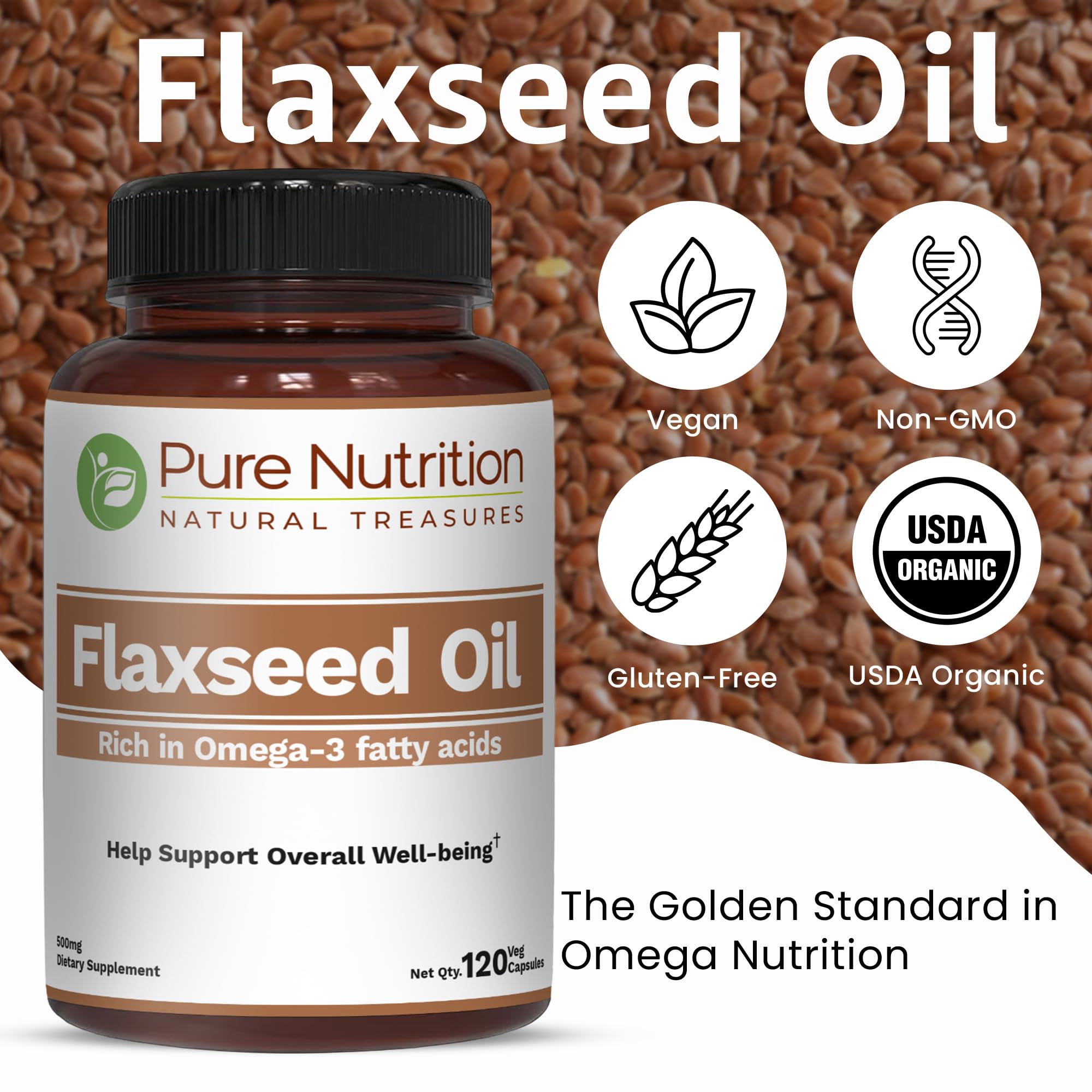 Close-up of Pure Nutrition Flaxseed Oil label showing omega-3-6-9 nutrients.