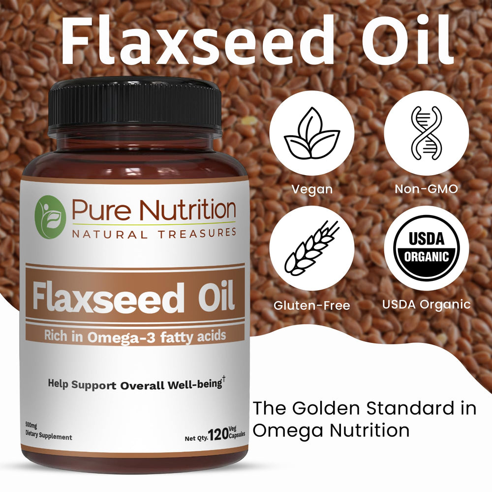 Close-up of Pure Nutrition Flaxseed Oil label showing omega-3-6-9 nutrients.