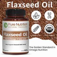 Close-up of Pure Nutrition Flaxseed Oil label showing omega-3-6-9 nutrients.