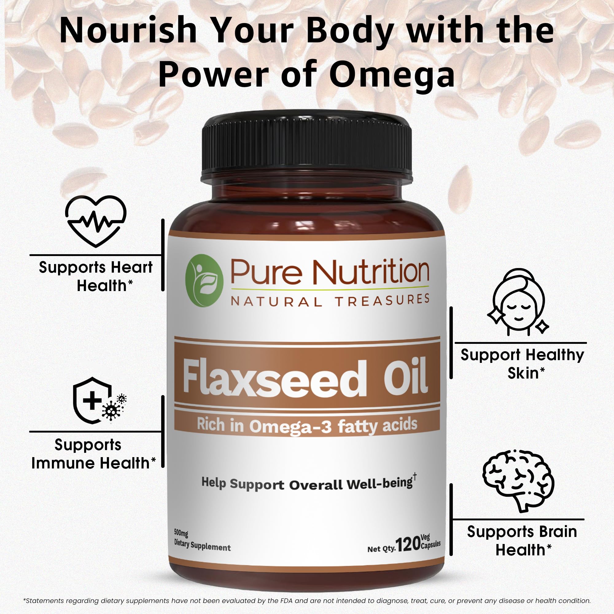 Pure Nutrition Flaxseed Oil packaging emphasizing purity and safety.