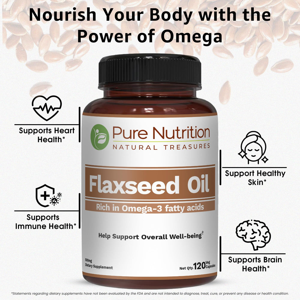 Pure Nutrition Flaxseed Oil packaging emphasizing purity and safety.