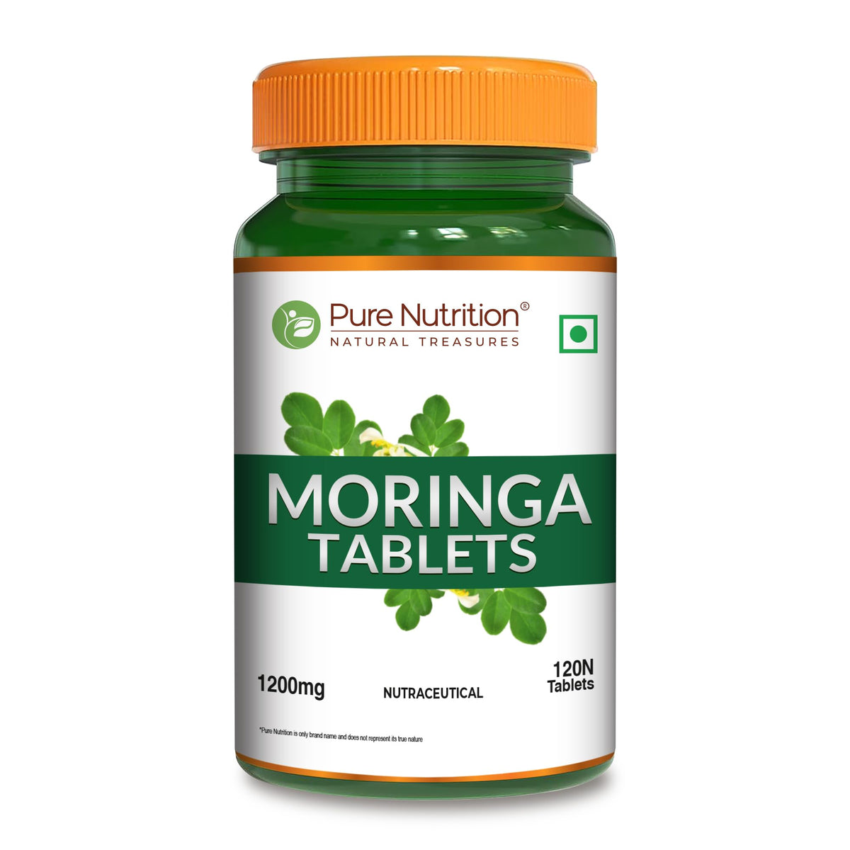 Pure Nutrition Natural Treasures Moringa bottle front label highlighting organic origin and nutrient-rich formula.