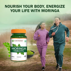 Pure Nutrition Moringa leaf closeup highlights chlorophyll and natural plant nutrients.