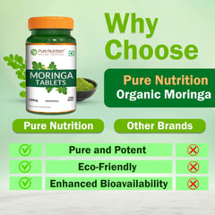 Pure Nutrition Natural Treasures Moringa packaging box demonstrates USDA Organic certification and eco-friendly design.