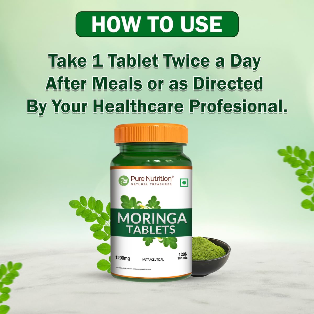 Pure Nutrition Moringa tablet in a glass of water illustrates easy daily consumption.