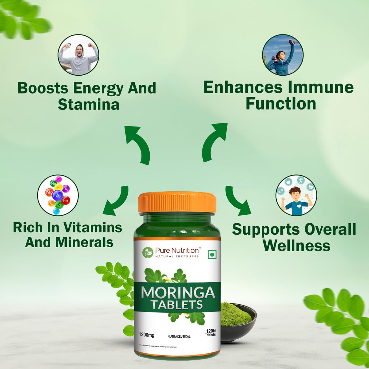 Pure Nutrition Natural Treasures Moringa tablets closeup shows tablet texture for daily antioxidant support.