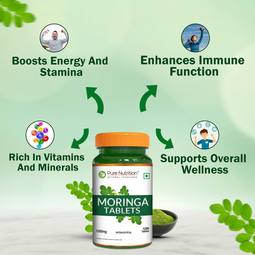 Pure Nutrition Natural Treasures Moringa tablets closeup shows tablet texture for daily antioxidant support.