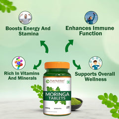 Pure Nutrition Natural Treasures Moringa tablets closeup shows tablet texture for daily antioxidant support.