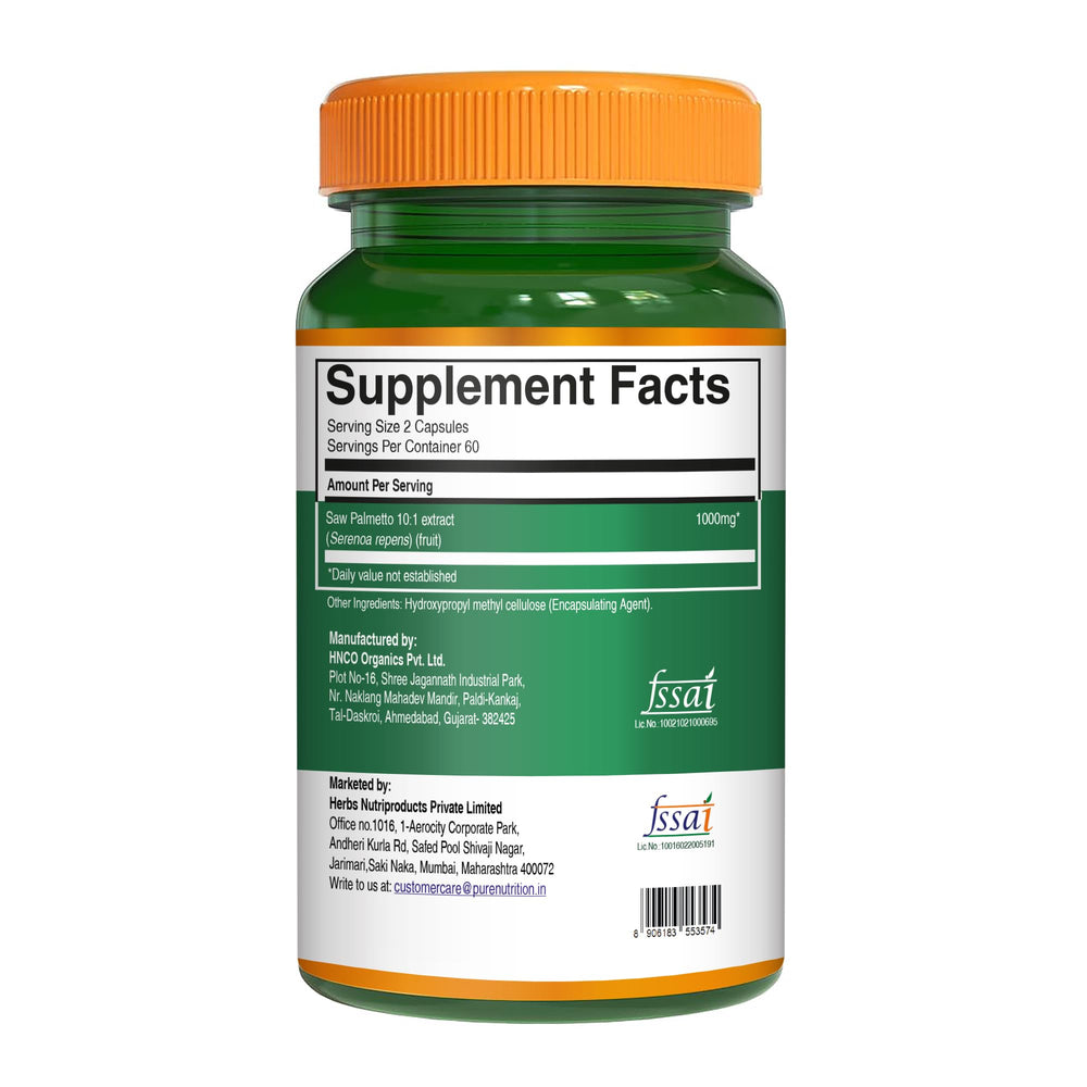 Bottle with glass suggests convenient, everyday use of Saw Palmetto.