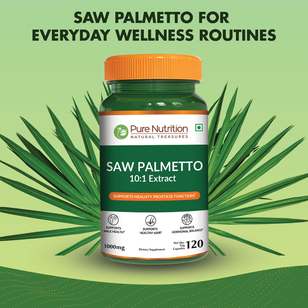 Pure Nutrition Natural Treasures Saw Palmetto capsules for a balanced wellness routine.