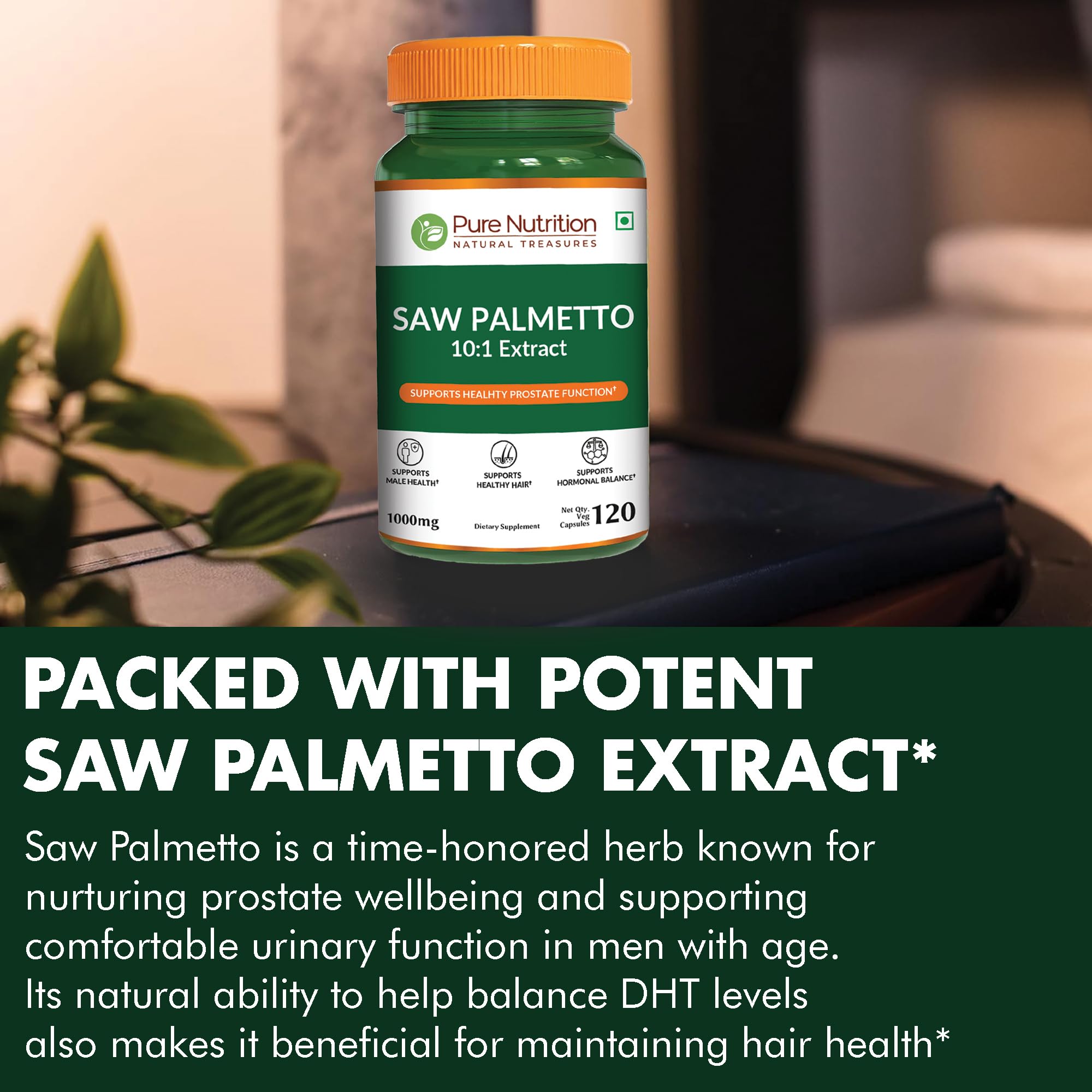 Ingredients panel showing plant-based fatty acids in the Saw Palmetto formula.