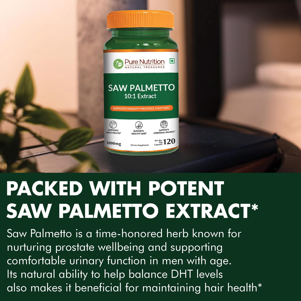 Ingredients panel showing plant-based fatty acids in the Saw Palmetto formula.