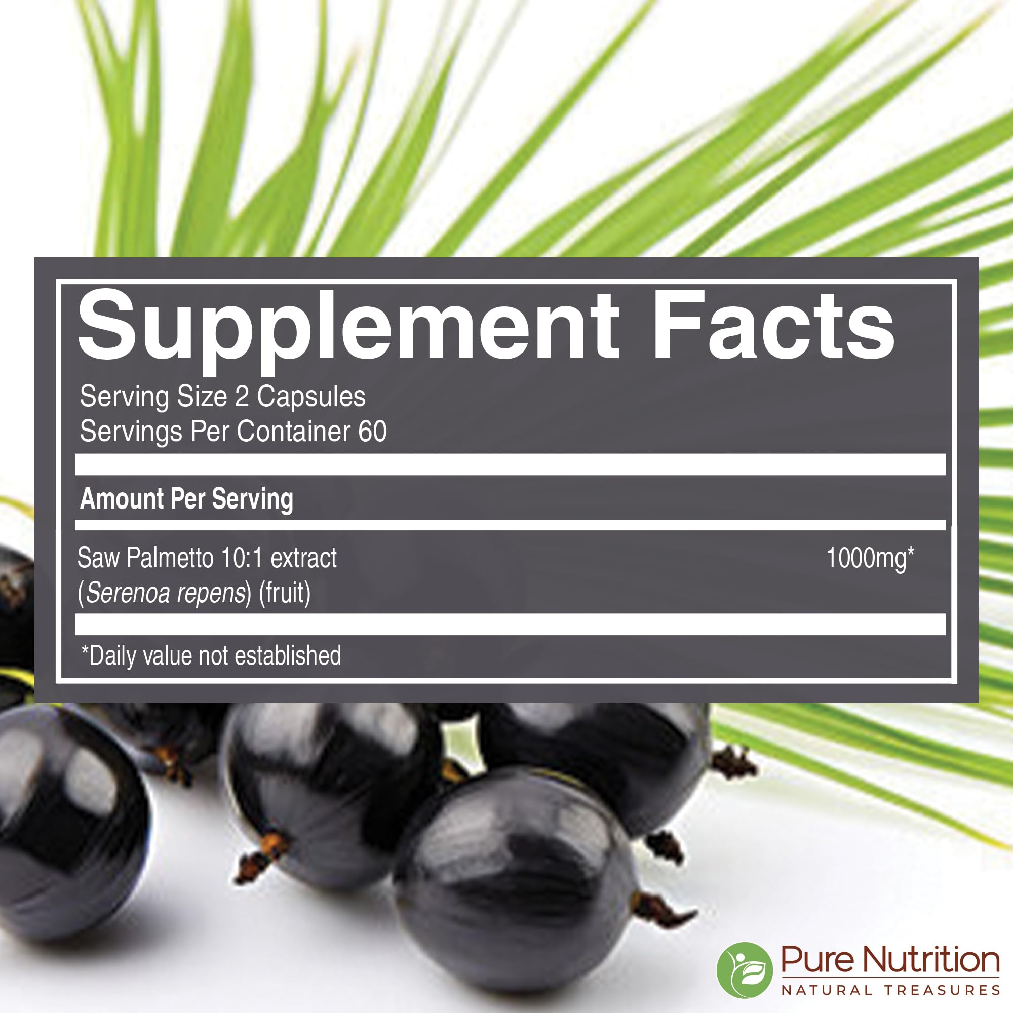 Saw Palmetto label closeup highlighting purity and potency of the extract.