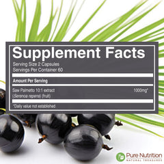 Saw Palmetto label closeup highlighting purity and potency of the extract.