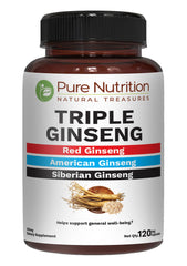 Pure Nutrition Natural Treasures Triple Ginseng bottle front, signaling daily energy support.
