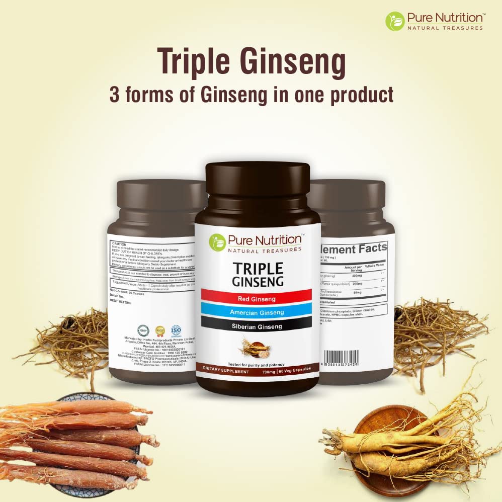 Pure Nutrition Natural Treasures Triple Ginseng packaging emphasizing Non-GMO vegetarian formula.