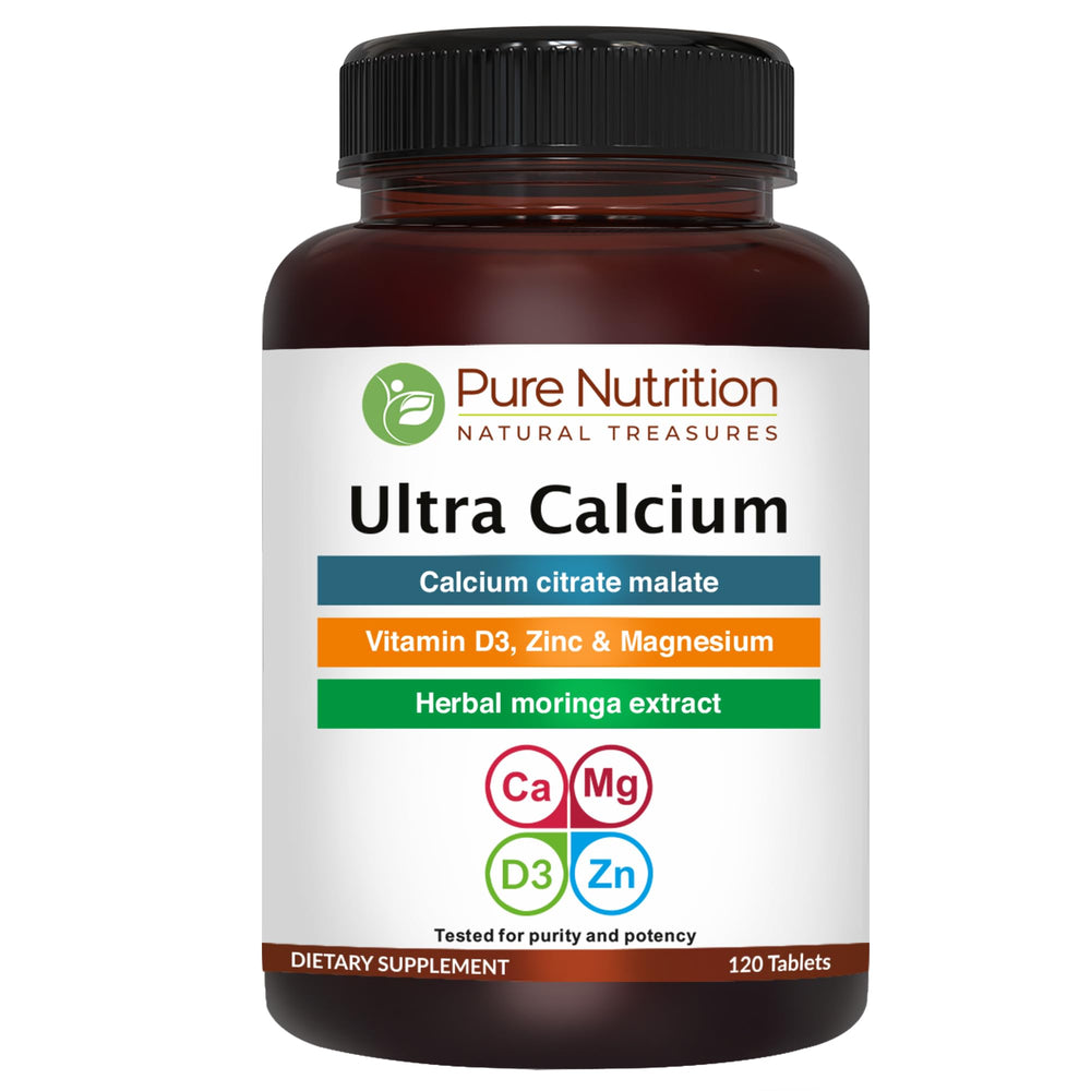 Pure Nutrition Natural Treasures Ultra Calcium tablet closeup showing calcium citrate malate absorption