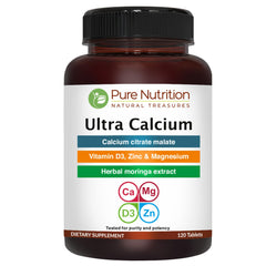 Pure Nutrition Natural Treasures Ultra Calcium tablet closeup showing calcium citrate malate absorption