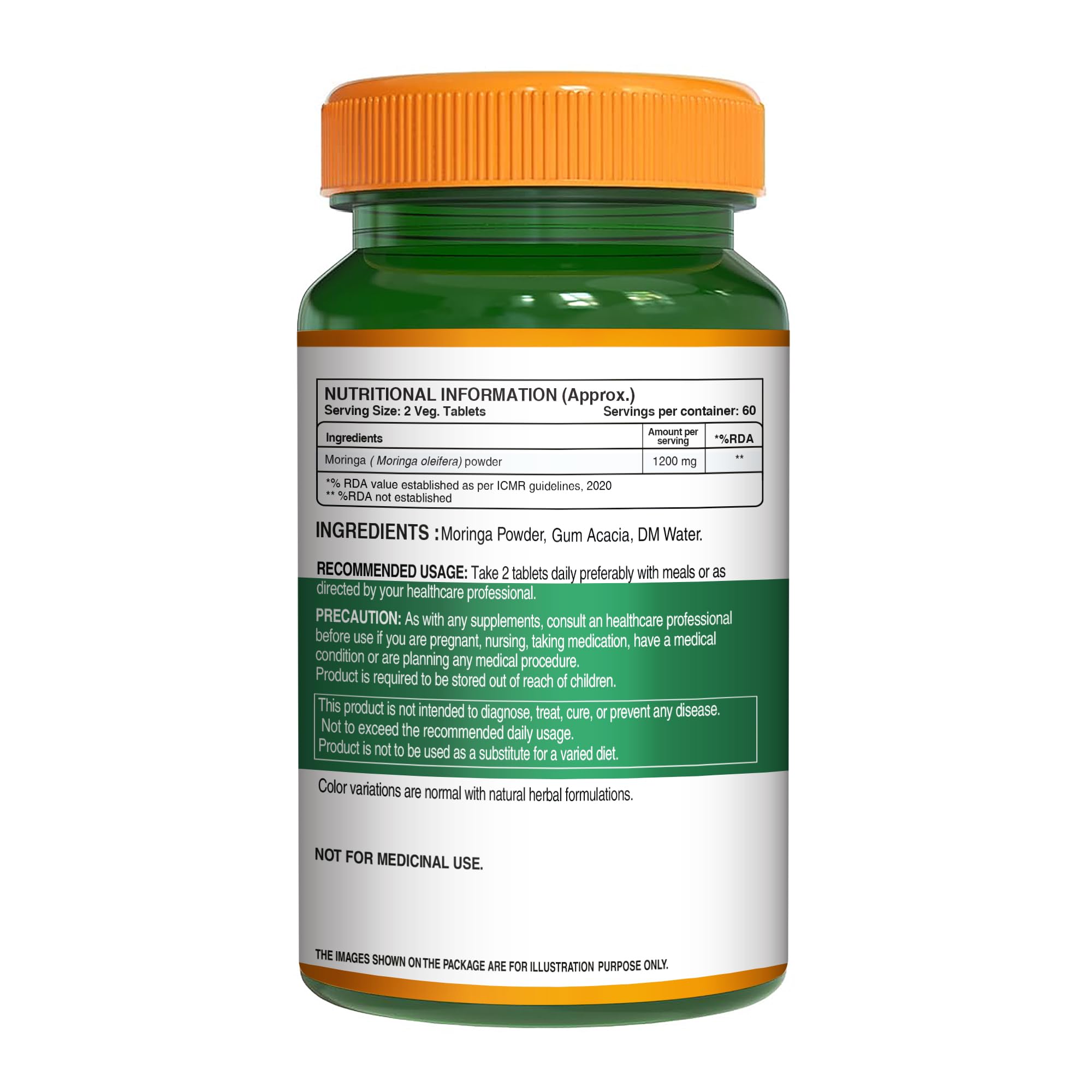 Pure Nutrition Moringa bottle with vegan non-GMO icons conveys plant-based purity.