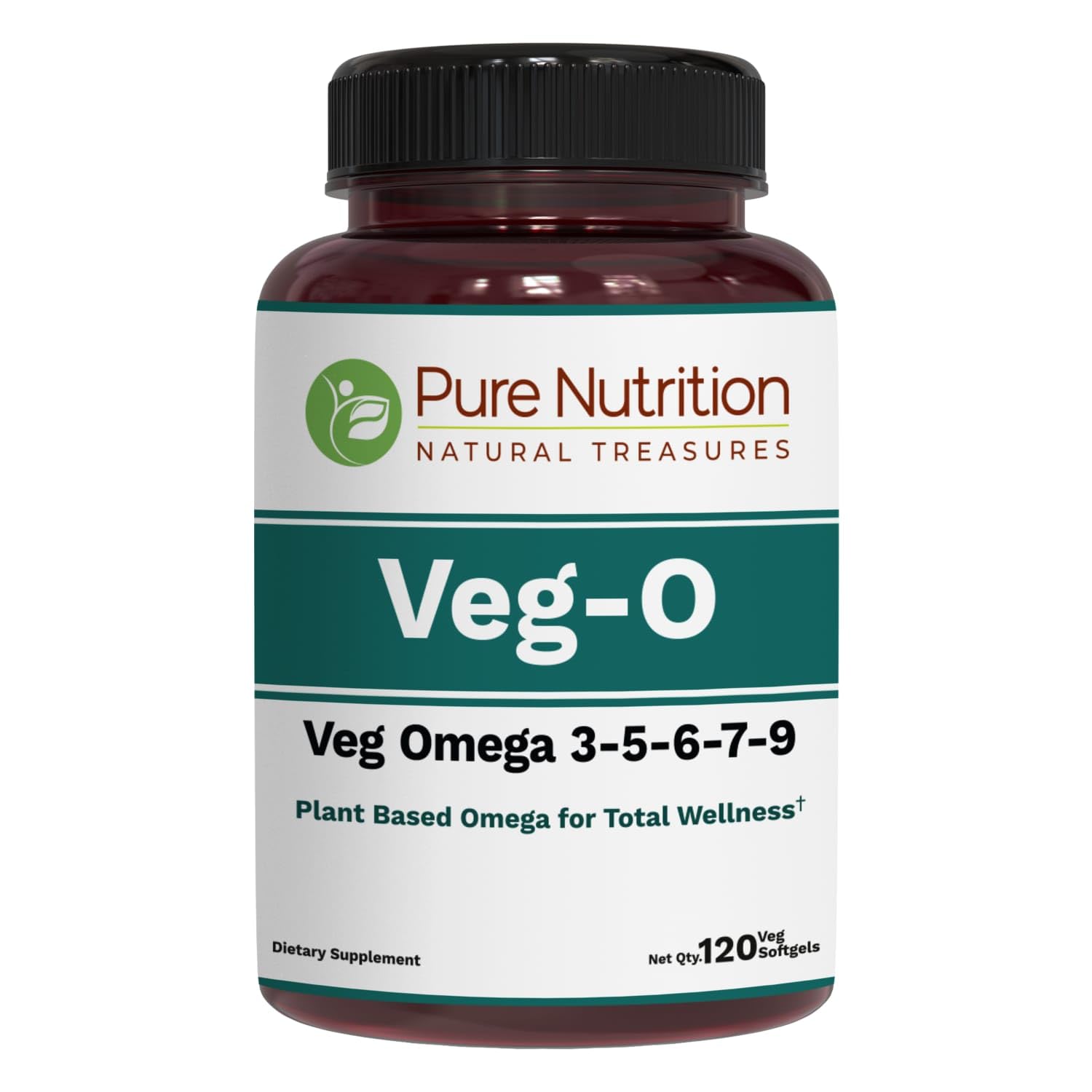 Pure Nutrition Natural Treasures vegan omega bottle front showing complete omega blend for daily support.