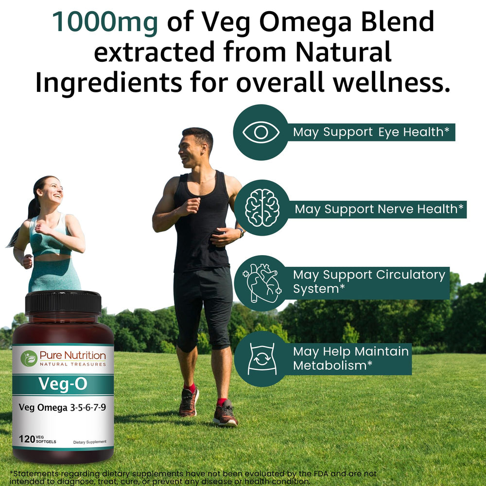 Pure Nutrition Natural Treasures vegan omega sea buckthorn oil bottle close-up showcasing diverse fatty acids.