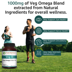 Pure Nutrition Natural Treasures vegan omega sea buckthorn oil bottle close-up showcasing diverse fatty acids.