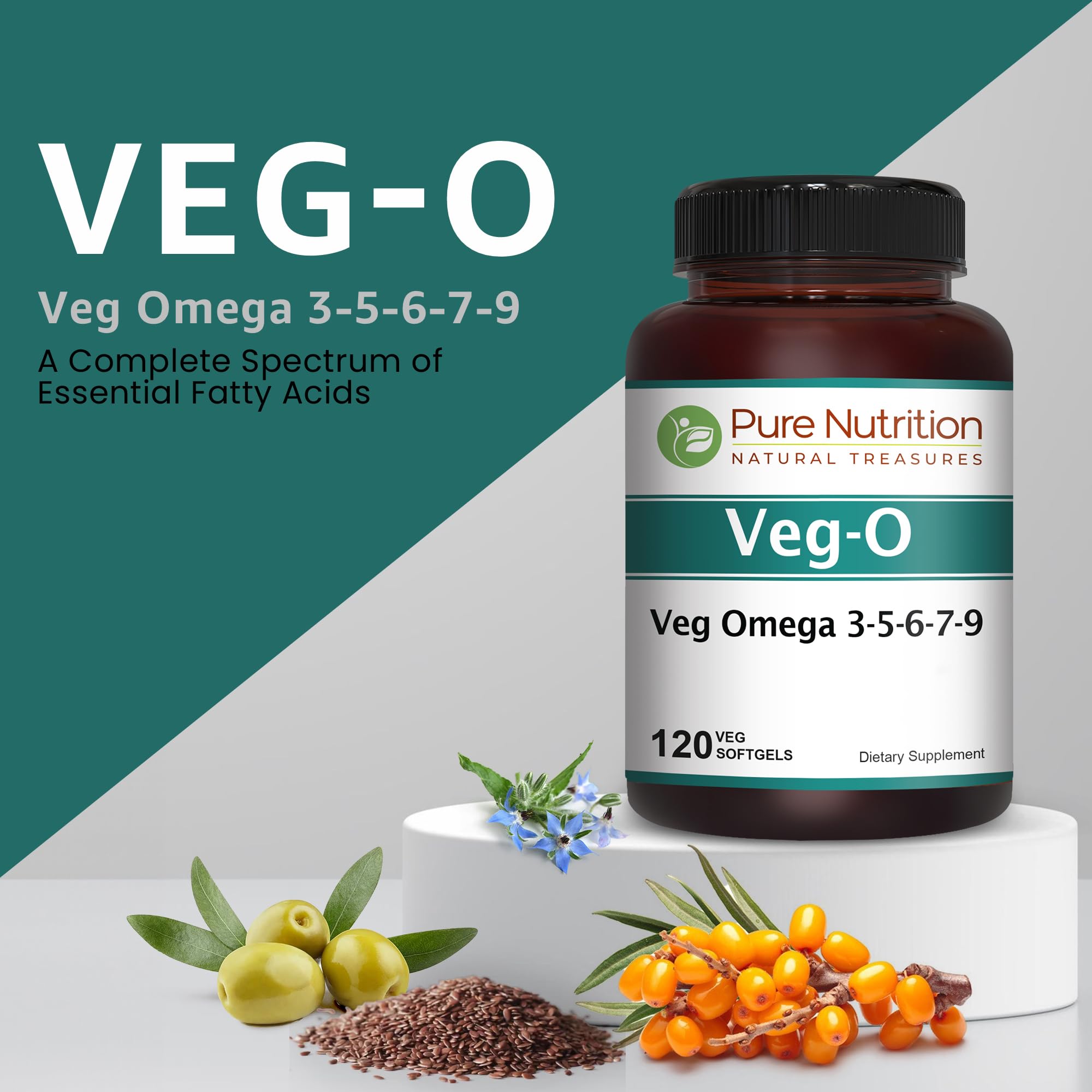 Pure Nutrition Natural Treasures vegan omega softgels close-up for convenient daily wellness.