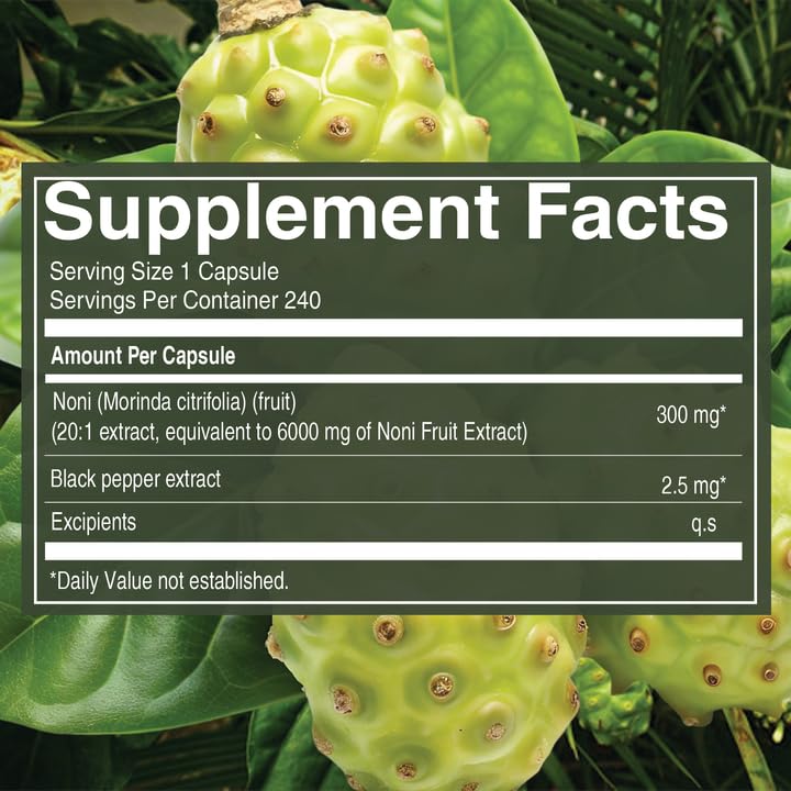 Close-up of Pure Nutrition Noni capsules highlights 20:1 concentration.