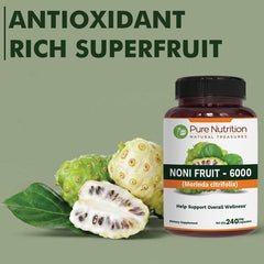 Label notes vegan-friendly and gluten-free features of Pure Nutrition Noni extract.