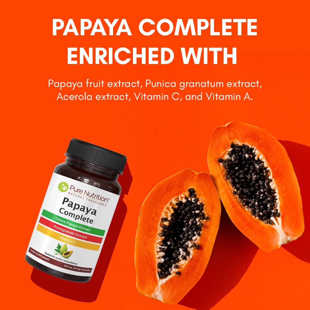 Pure Nutrition Papaya Complete ingredients panel closeup lists papaya extract and acerola for wellbeing.