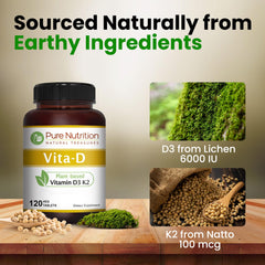 Front label shows 6000 IU D3 and 100 mcg K2 per tablet