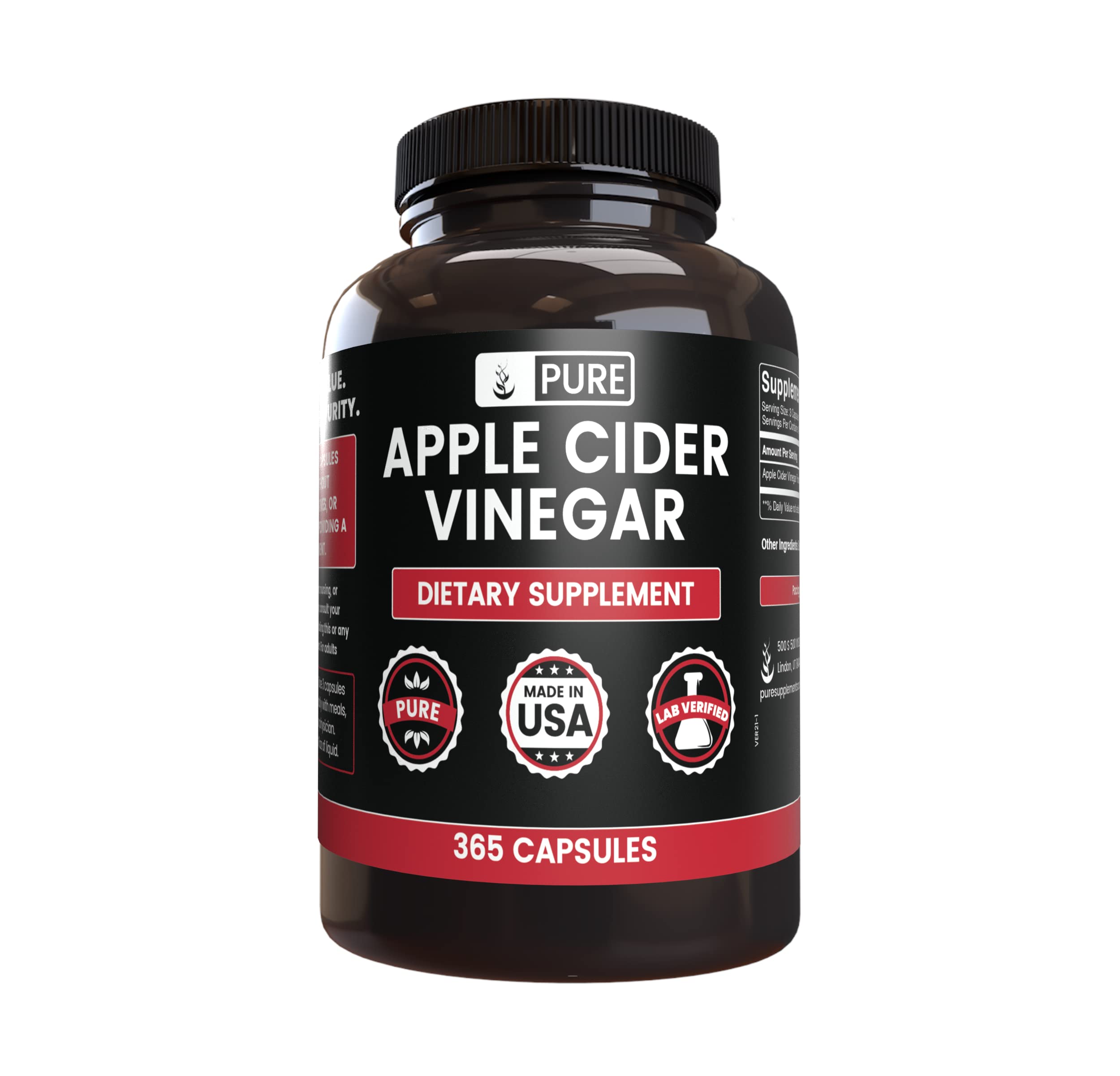 Pure Original Ingredients Apple Cider Vinegar capsules bottle, a pure daily supplement.
