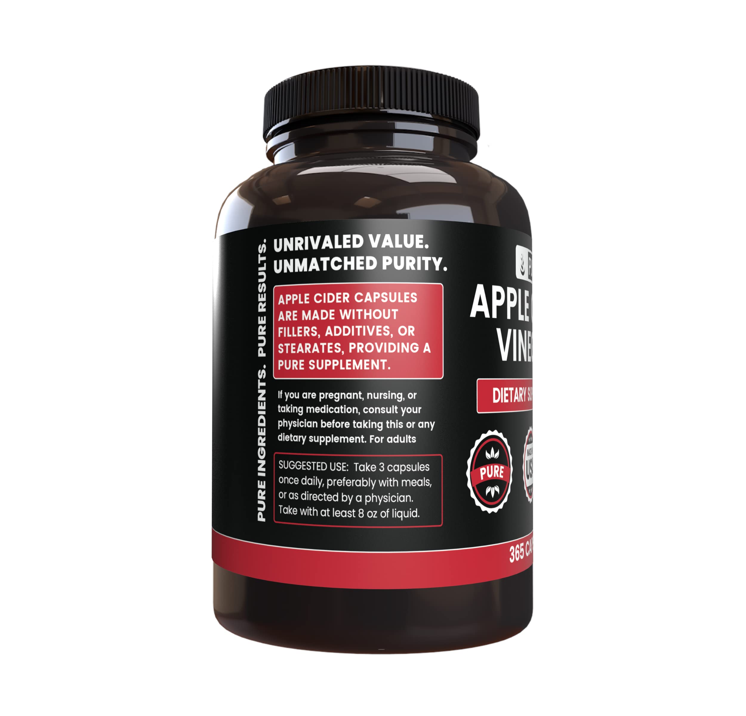 Pure Original Ingredients Apple Cider Vinegar capsules close-up label signaling quality.