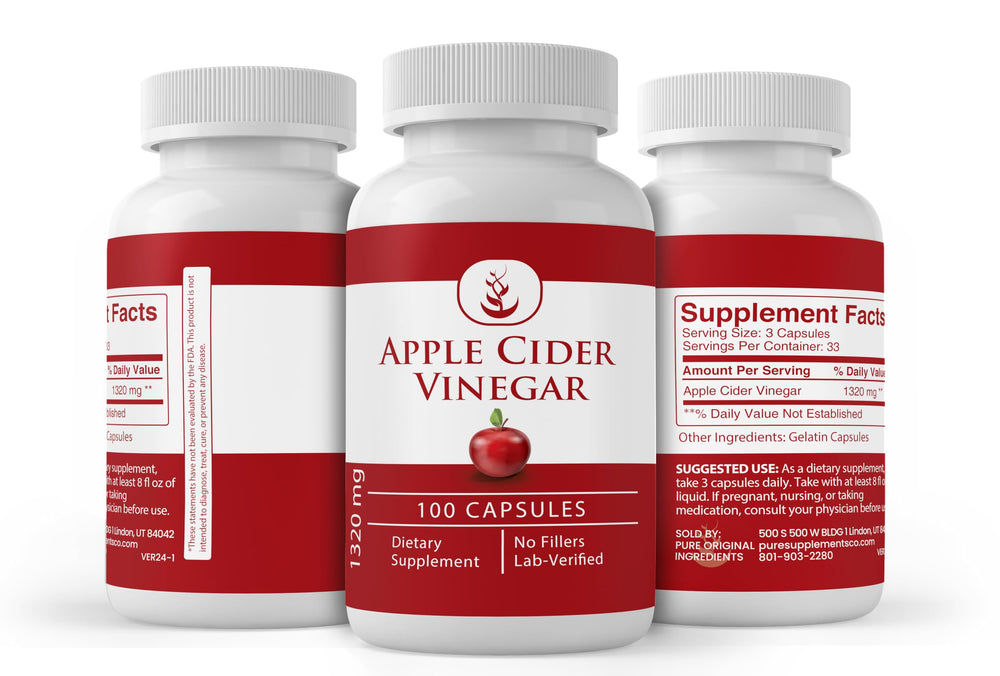 Pouring scene with Pure Original Apple Cider Vinegar capsules suggesting easy daily use.