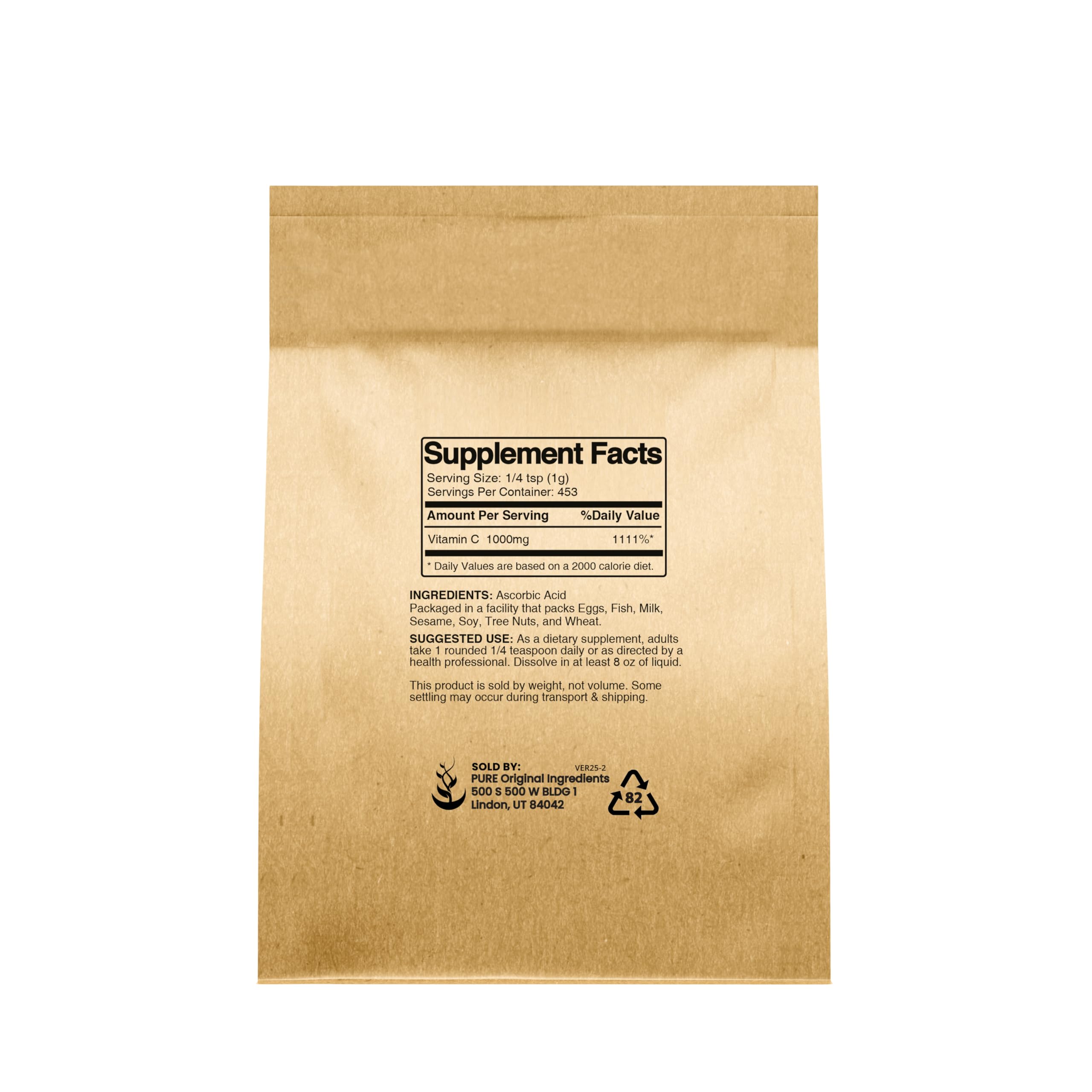 PURE ORIGINAL INGREDIENTS Vitamin C Powder dissolving in water for quick mixing.