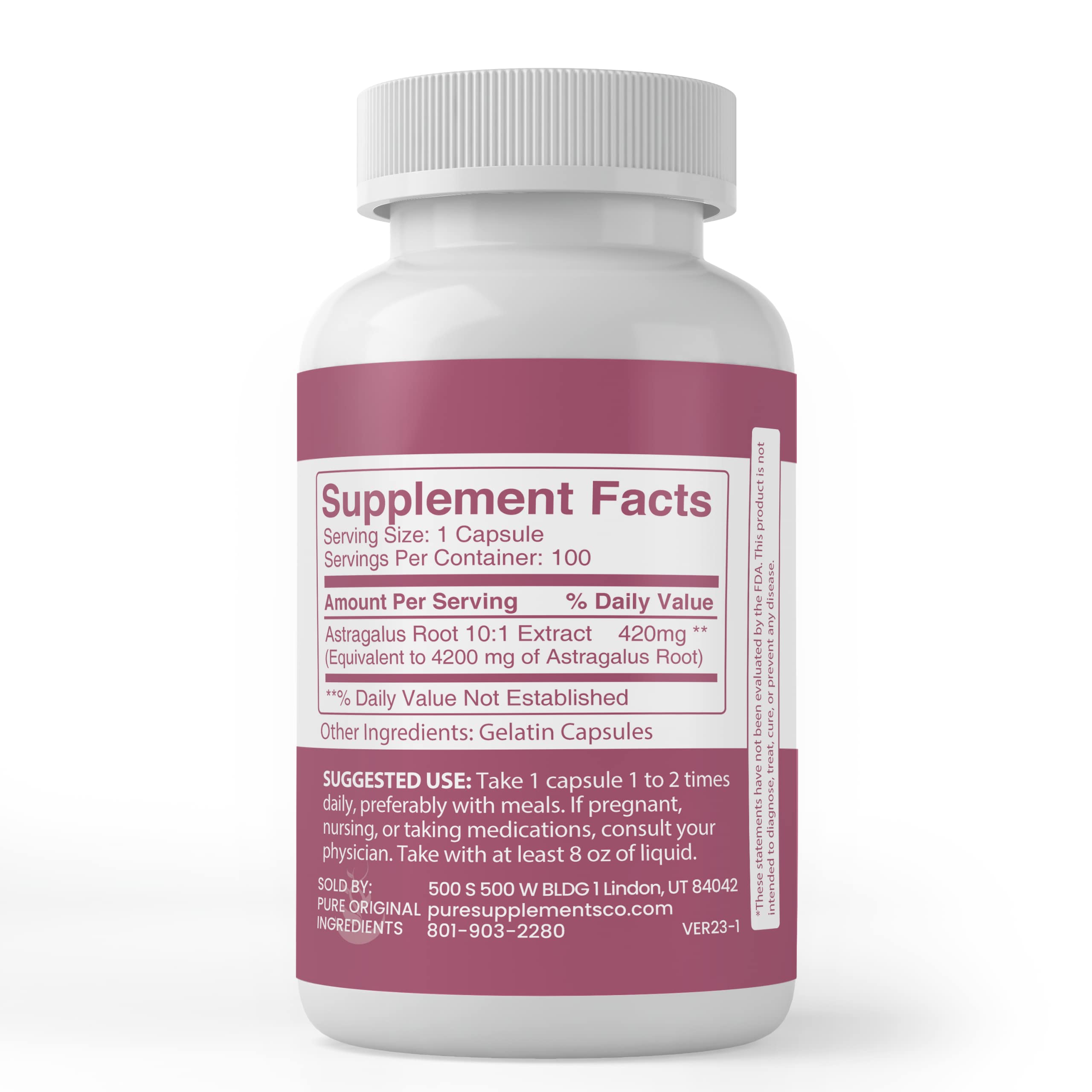 Pure Original Ingredients Astragalus Extract label confirms purity and no additives