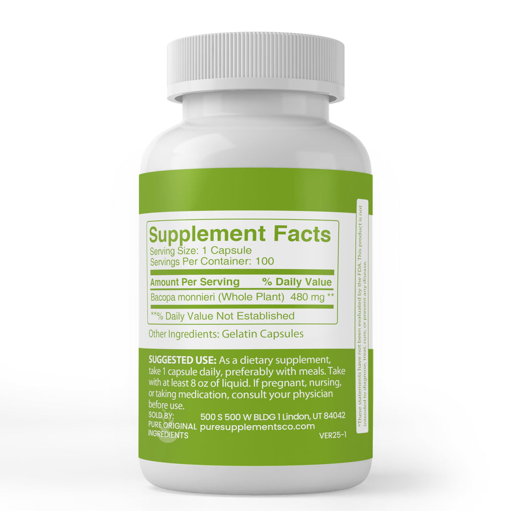 Bacopa Monnieri capsules close-up showing pure single-ingredient formula.