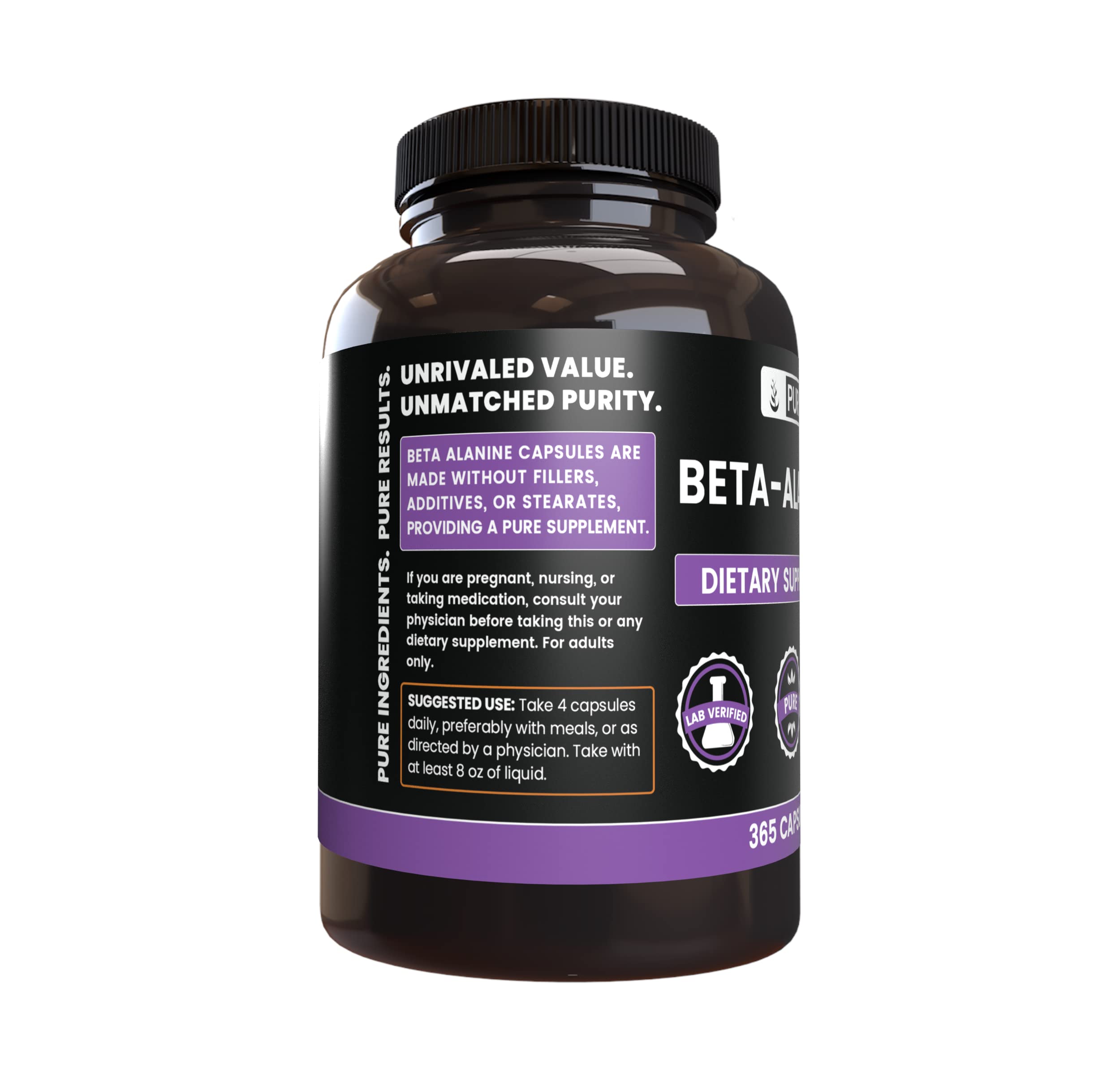 Pure Original Ingredients beta alanine bottle label emphasizing purity.