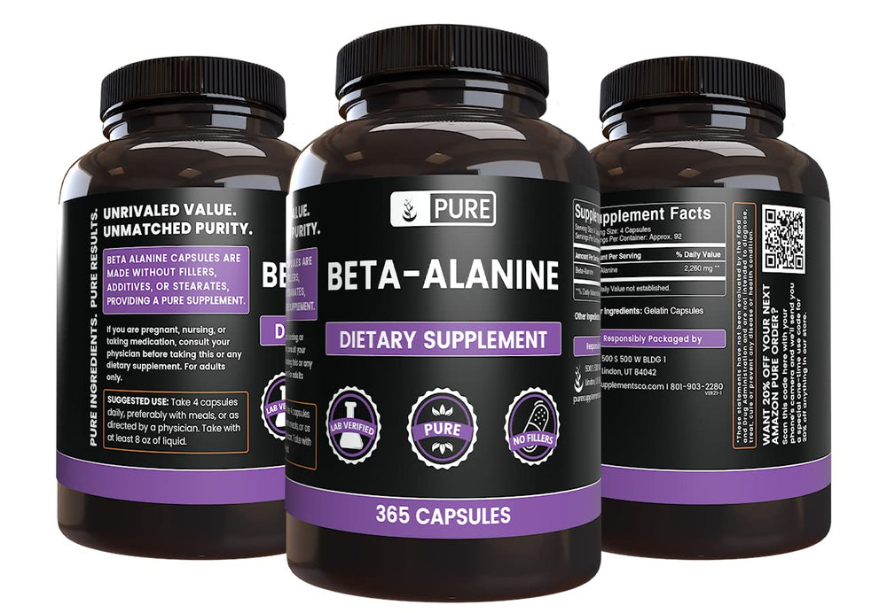 Pure Original Ingredients beta alanine bottle on counter, emphasizing additive-free purity.