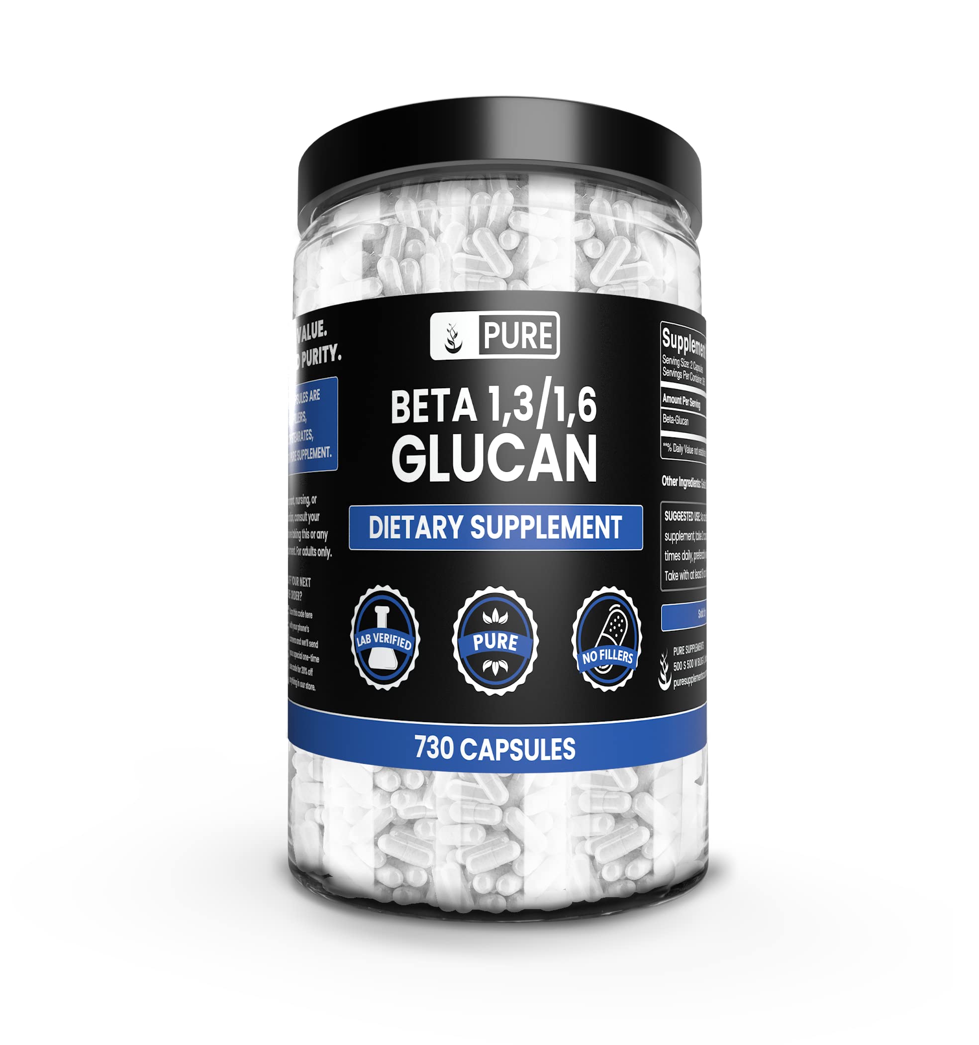 Pure Original Ingredients Beta Glucan capsules close-up, showcasing a pure single-ingredient formula