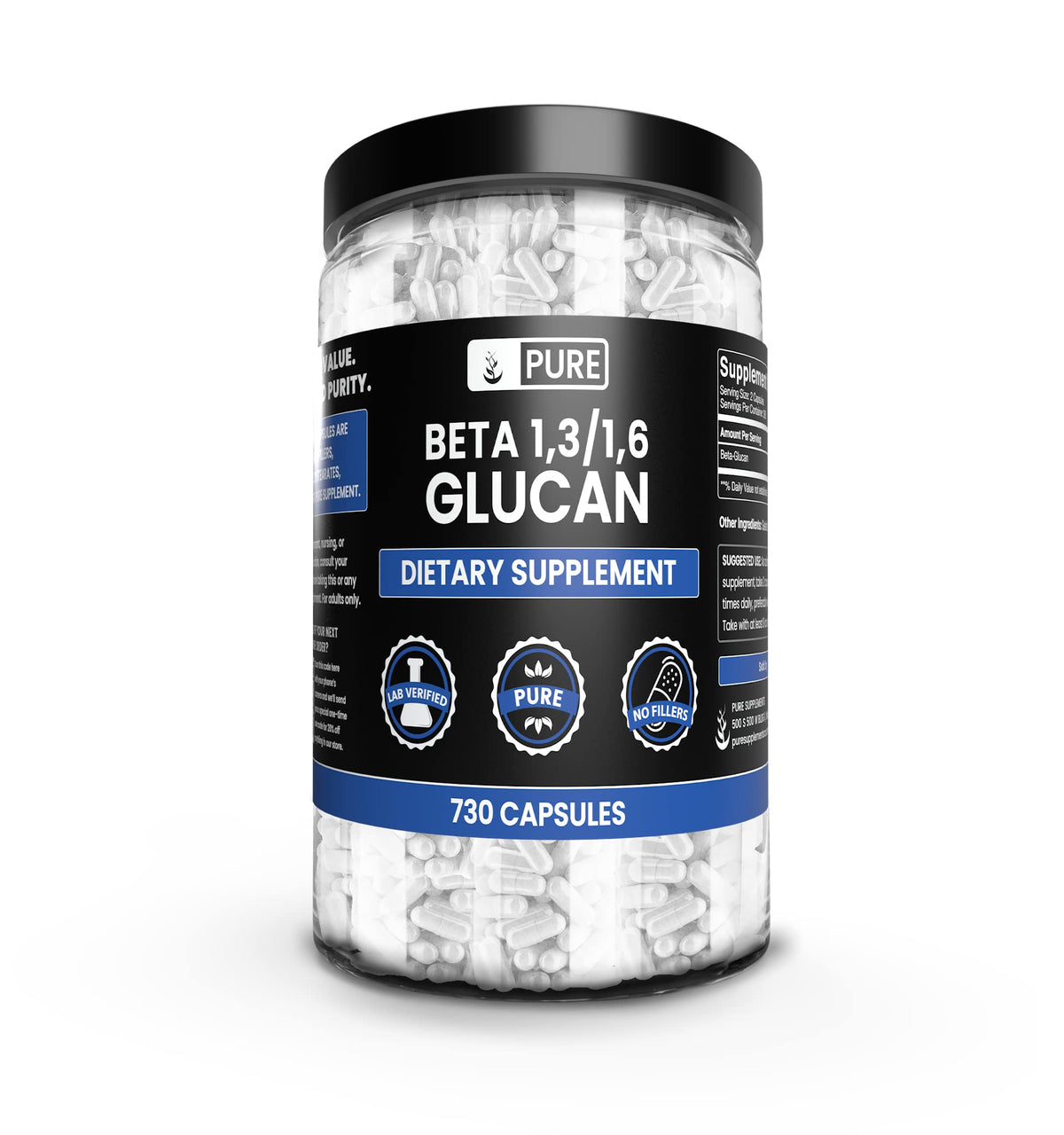 Pure Original Ingredients Beta Glucan capsules close-up, showcasing a pure single-ingredient formula