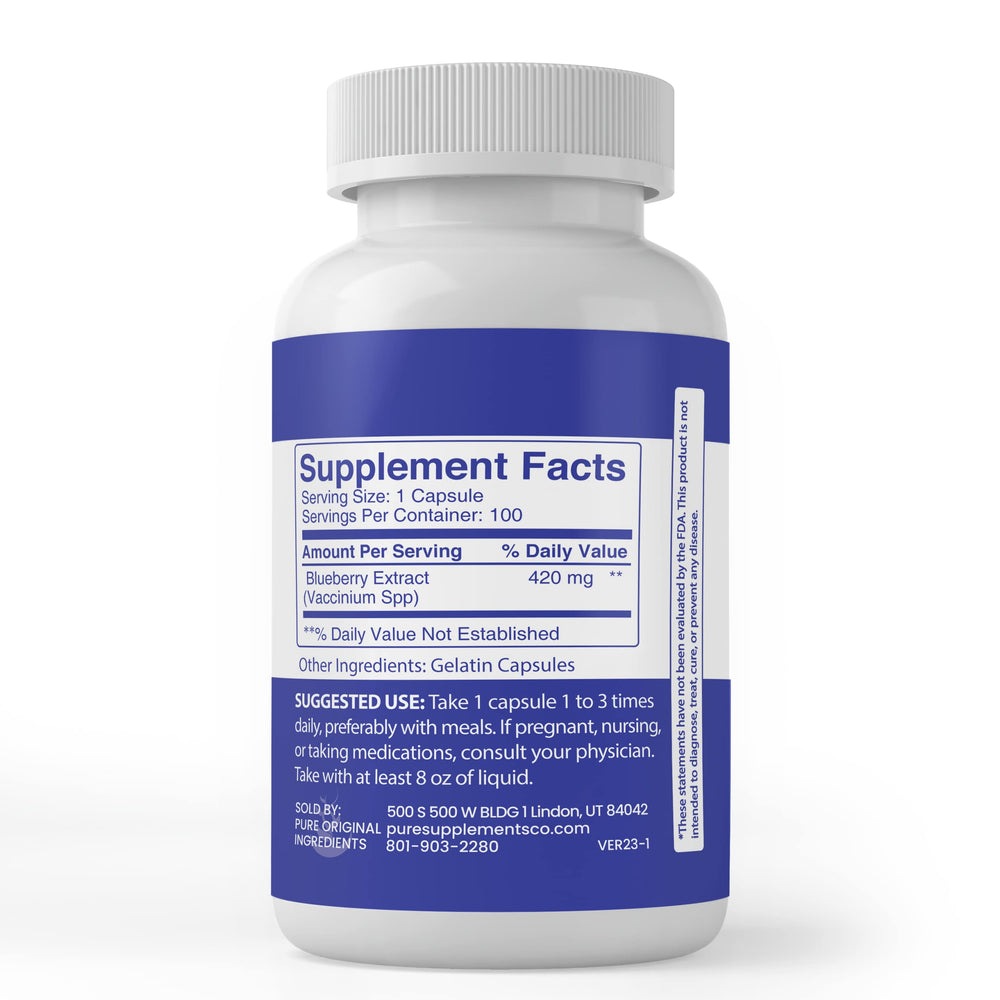 Pure Original Ingredients blueberry 10:1 extract label highlights natural anthocyanins