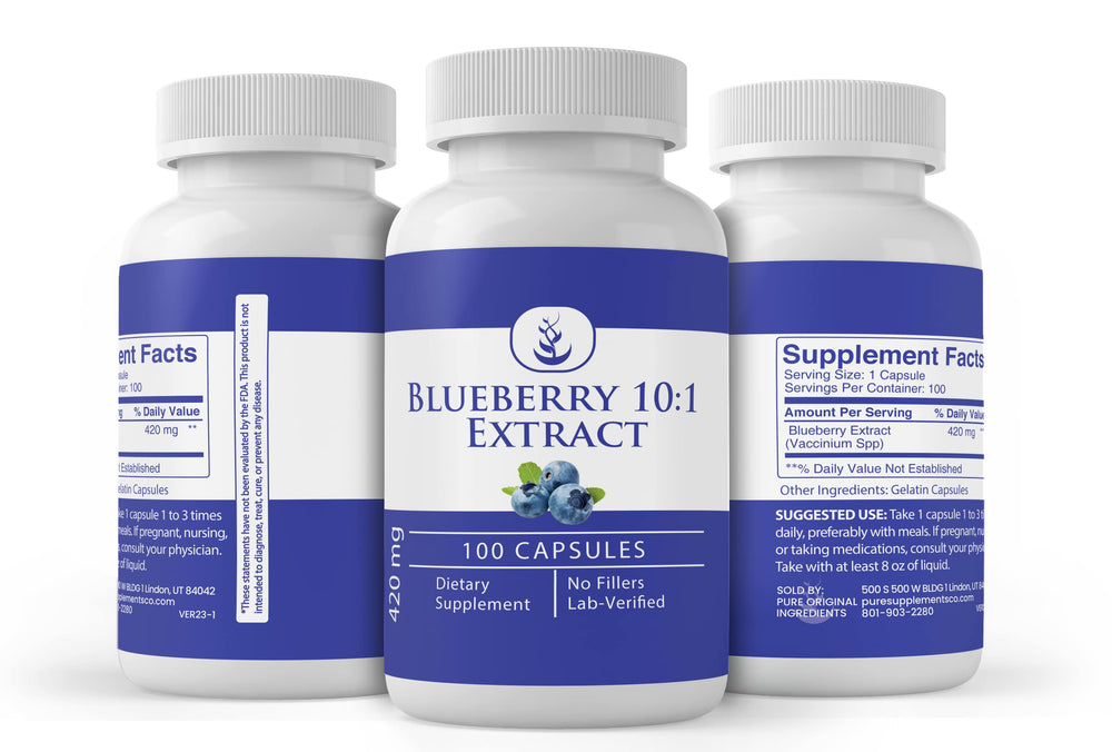Pure Original Ingredients blueberry 10:1 extract packaging shows a 100-day supply