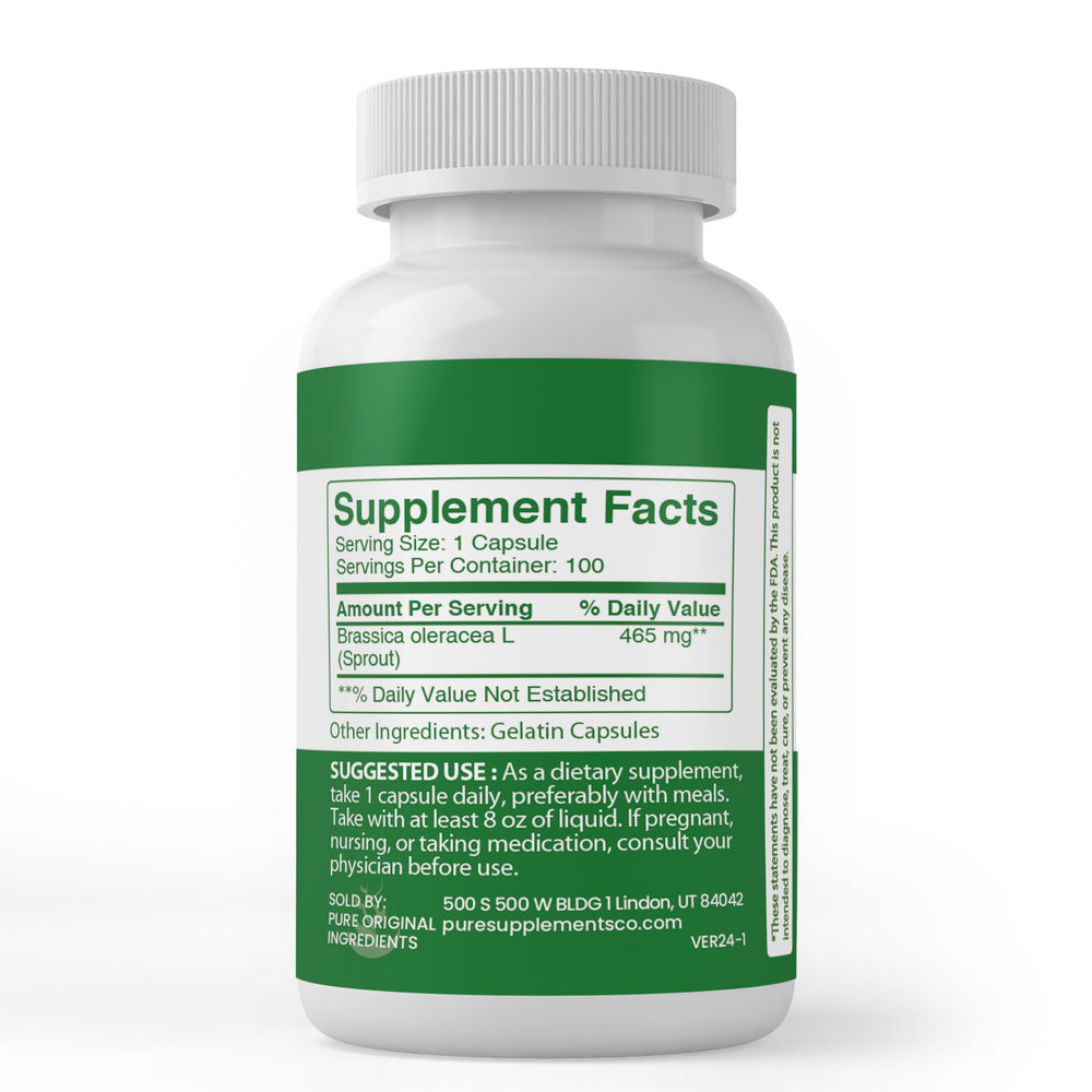 Pure Original Ingredients broccoli extract capsules open bottle suggests easy daily supplementation routine
